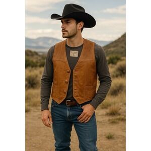 Vintage Steer Brand Leather Western Vest Men 38 Brown Cowboy Rodeo Rustic Patina